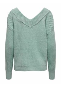 Pull en tricot vert menthe avec un décolleté en V profond, des poignets côtelés et un design lâche et texturé. Le dos présente une encolure large et une coupe décontractée.