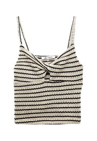 Stribet crop top i creme og sort, med en knyttet forkant, spaghetti stropper og et tekstureret strikmønster.