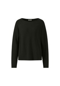 Maglione nero in maglia con maniche lunghe, scollo ampio e vestibilità rilassata; presenta una texture liscia e dettagli a coste sull'orlo.