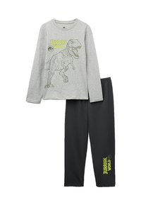 T-shirt gris à manches longues avec un graphique de dinosaure et le texte "Jurassic World", associé à un pantalon noir à taille élastique, également marqué du logo.