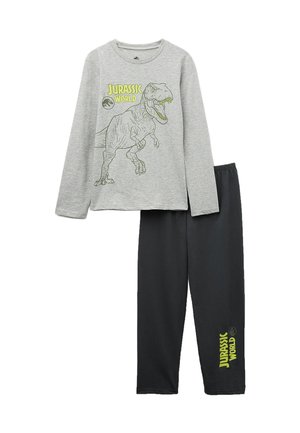 Szary longsleeve z grafiką dinozaura i napisem "Jurassic World", w zestawie z czarnymi spodniami na gumce, również oznaczonymi logotypem.