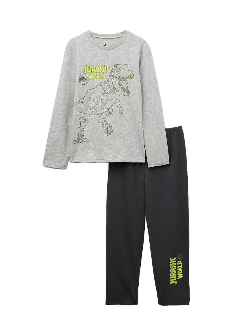 T-shirt gris à manches longues avec un graphique de dinosaure et le texte "Jurassic World", associé à un pantalon noir à taille élastique, également marqué du logo.