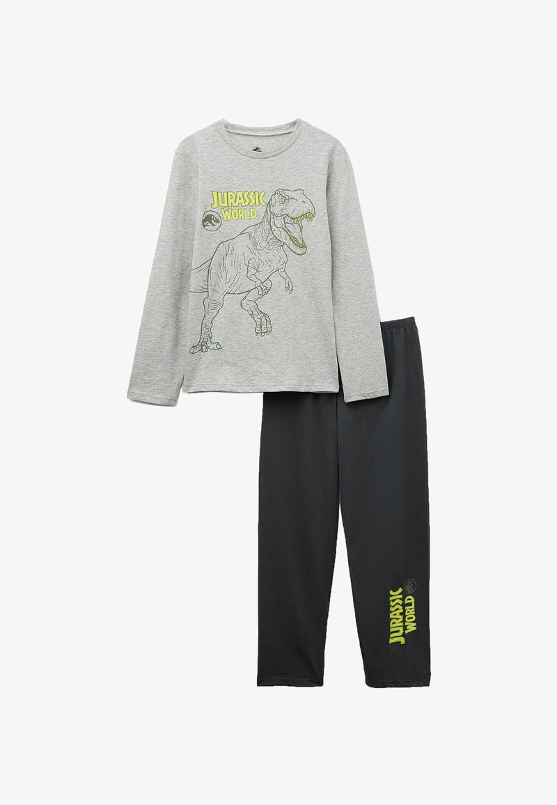 Graues Langarmshirt mit einem Dinosaurier-Graphic und dem Text "Jurassic World", kombiniert mit schwarzen Pants mit elastischem Bund, die ebenfalls mit einem Logo versehen sind.