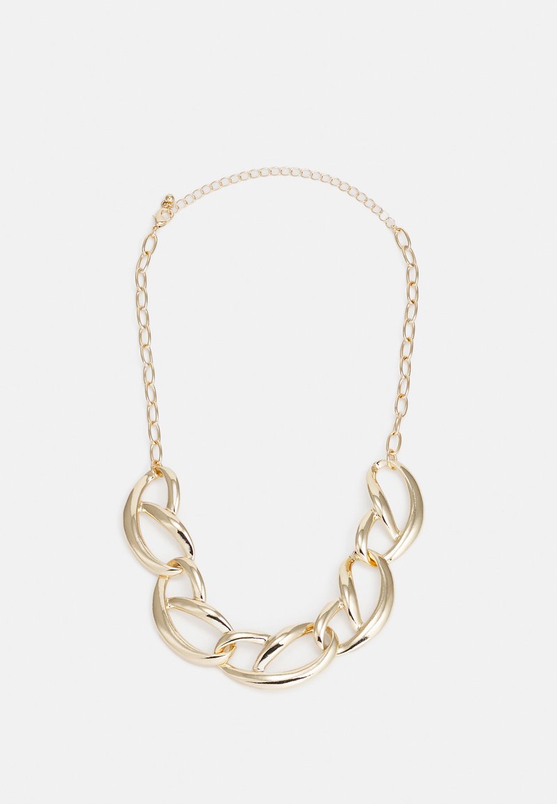Gold chain necklace featuring large, interlocking links with a smooth, polished finish. Adjustable chain with clasp closure.