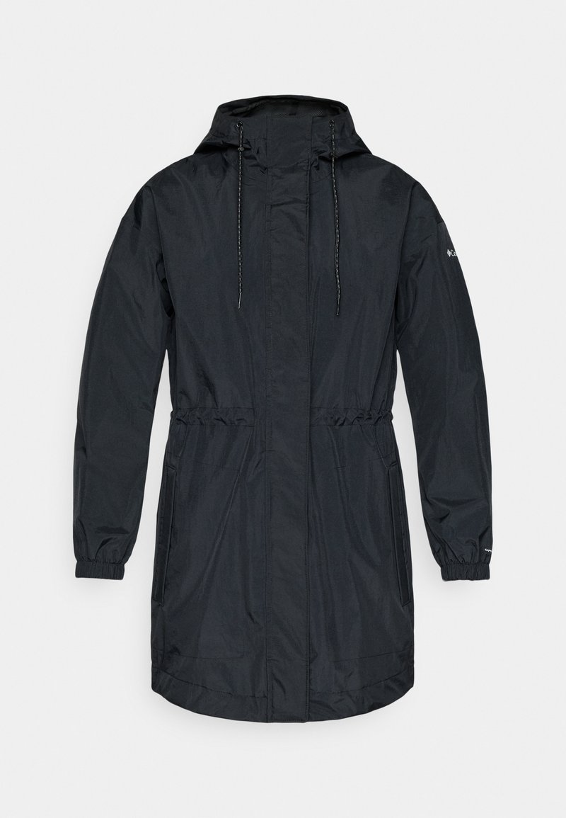 Veste noire imperméable avec capuche à cordon de serrage, poignets élastiques, ajustement à la taille, et deux poches latérales. Matière lisse et légère.