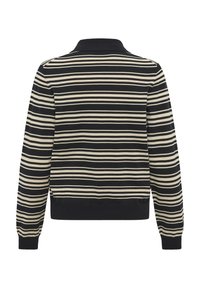 Pull à manches longues avec rayures horizontales noires et blanc cassé, poignets et ourlet côtelés, vu de dos.