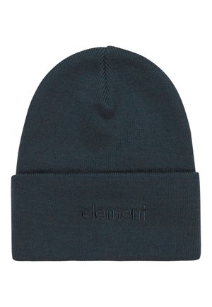 Dark teal knit beanie with a folded cuff, featuring embroidered logo. Soft texture with a seamless top design.