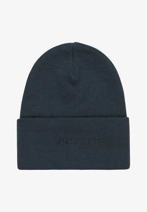 Dunkelblauer Strickmütze mit umgeschlagenem Bündchen, ausgestattet mit gesticktem Logo. Weiche Textur mit nahtlosem Deckendesign.