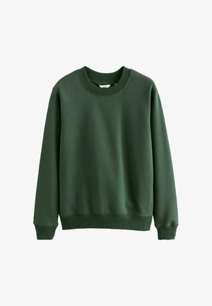 Roheline sviiter pehmest kangast, ümarate kaelustega, ribaga mansettide ja alumise servaga, sileda tekstuuri ja lõdva lõikega.