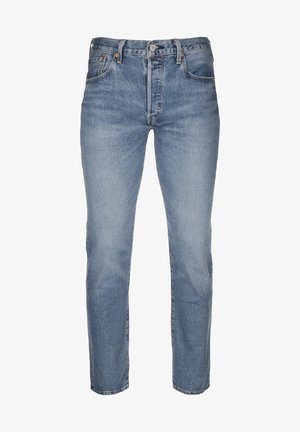 Jeans in denim blu medio a gamba dritta con design a cinque tasche e chiusura con bottone in vita.