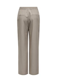 Pantaloni beige a gamba larga con vita elastica e due tasche a filetto posteriori, visualizzati da dietro su uno sfondo bianco.