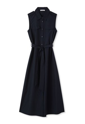 Abito midi nero senza maniche con bottoni sul davanti, cintura annodata in vita, colletto ed epaulette sulle spalle, disteso su uno sfondo bianco.