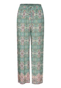 Lightweight, patterned trousers with an elastic waistband. Features a turquoise base with floral motifs in pink, white, and green tones.