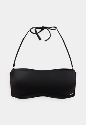 Juodas bandeau tipo bikini viršus, pagamintas iš lygaus medžiagos. Yra plonos reguliuojamos petnešos ir subtilus logotipas šone.