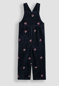 Dunkelblaue Kinderlatzhosen aus Cord mit rosa-weißer Blumenstickerei und geknöpften Trägern auf einem hellen Hintergrund.