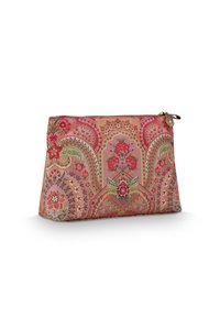 Pink fabric pouch featuring intricate floral patterns in red, green, and blue, with a zip closure and decorative hardware accent.