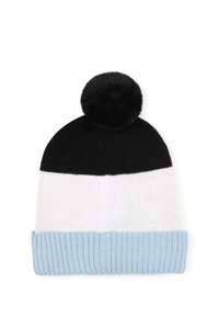 Bonnet tricoté avec un sommet noir, une partie centrale blanche et un poignet côtelé bleu clair ; se distingue par un pompon noir sur le dessus.