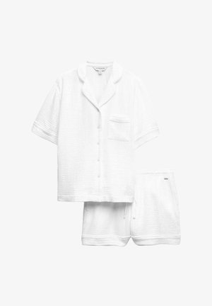 Weißes, strukturiertes Kurzarmhemd mit Knopfleiste, Kragen und Brusttasche, kombiniert mit passenden Shorts mit Kordelzug.