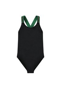 Maillot de bain une pièce noir avec des bretelles croisées vertes et dorées. Texture lisse, design ajusté, sans motifs ni accents supplémentaires.