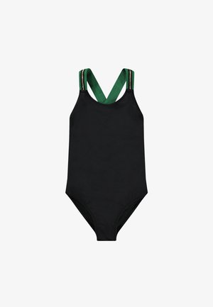Fato de banho preto de uma peça com alças cruzadas verdes e douradas. Textura suave, design ajustado e sem padrões ou acentos adicionais.
