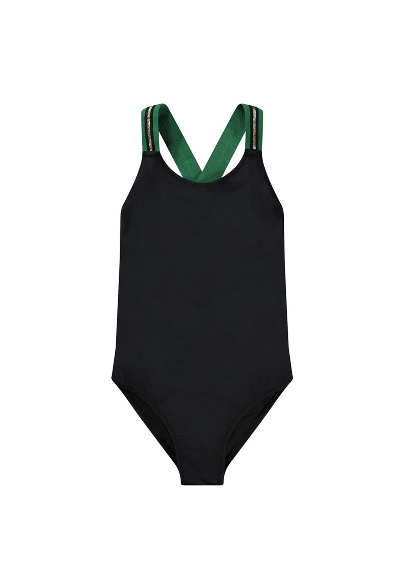 Maillot de bain une pièce noir avec des bretelles croisées vertes et dorées. Texture lisse, design ajusté, sans motifs ni accents supplémentaires.