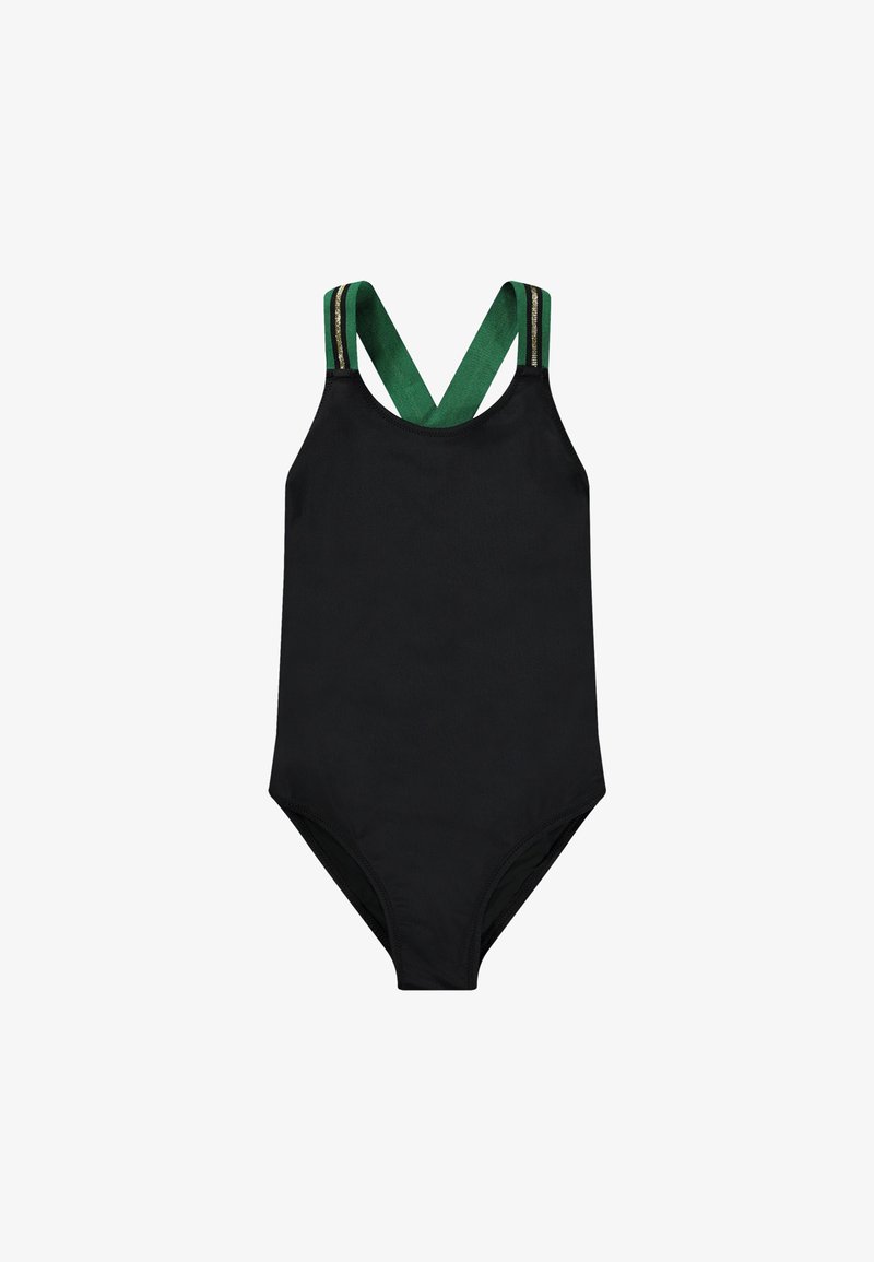Črn enodelni kopalni kostim z zelenimi in zlatimi črtastimi čezramenskimi naramnicami. Gladka tekstura, tesno prileganje in brez dodatnih vzorcev ali okraskov.