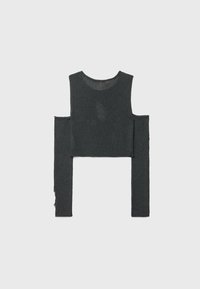 Dark gray knitted sleeveless crop top with detached long sleeves laid flat on a light background.