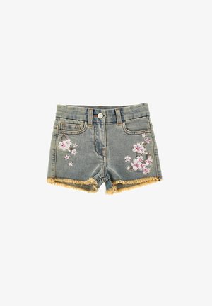 Short en jean avec ourlets effilochés et broderie florale rose sur les poches avant, avec fermeture bouton et zip.