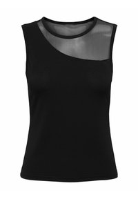 Top sans manches noir avec un panneau en maille semi-transparente sur une épaule, design ajusté et texture de tissu lisse.