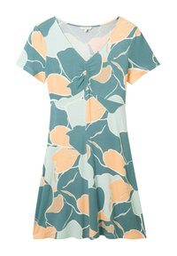 Kurzärmeliges V-Ausschnitt-Kleid mit Raffung im Brustbereich, versehen mit einem großen abstrakten Blumendesign in Türkis, Pfirsich und Hellblau.