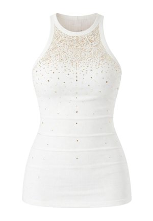 Top bianco aderente senza maniche con scollo alto, decorato con paillettes oro e argento sparse sulla parte superiore anteriore e sul busto.