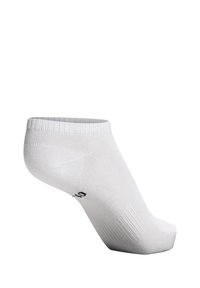 Calzino bianco alla caviglia in materiale tessile, con un polsino a coste, texture liscia e etichetta di dimensione nera sulla soletta.