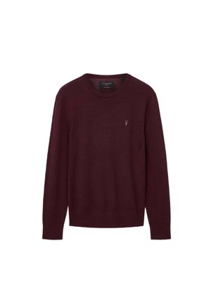 Burgundy crewneck-neule, jossa on pitkät hihat, valmistettu pehmeästä neulekankaasta. Kengissä on pieni brodeerattu logo rinnassa.