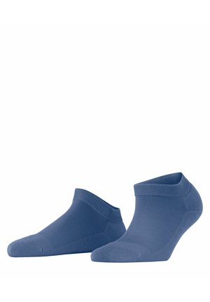 Blaue Knöchelsocken mit einem gerippten Bund, glatter Textur und einem niedrigen Schnitt, ausgestattet mit verstärkten Zehen- und Fersenbereichen für Langlebigkeit.