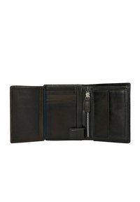 Black leather wallet open to display multiple card slots, a zippered compartment, and a smooth texture with contrasting inner lining.