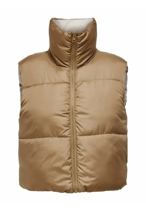 Light brown puffer vest with high collar, front zipper, and quilted texture. Features contrasting inner lining in white.