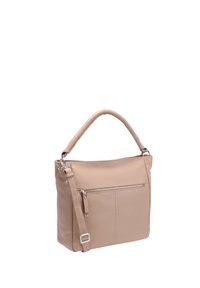 Beige leren handtas met een enkele bovenhandgreep en een afneembare schouderriem. Voorzien van een ritszak aan de voorkant en een gladde textuur.