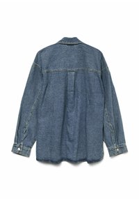 Denim shirt, light blue, long sleeves, button closure cuffs, back pleat, classic collar, slightly curved hem, soft texture.