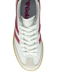 White sneaker with burgundy stripes, featuring a textured suede and smooth leather upper, flat laces, and a gum rubber sole. Gola logo on tongue.
