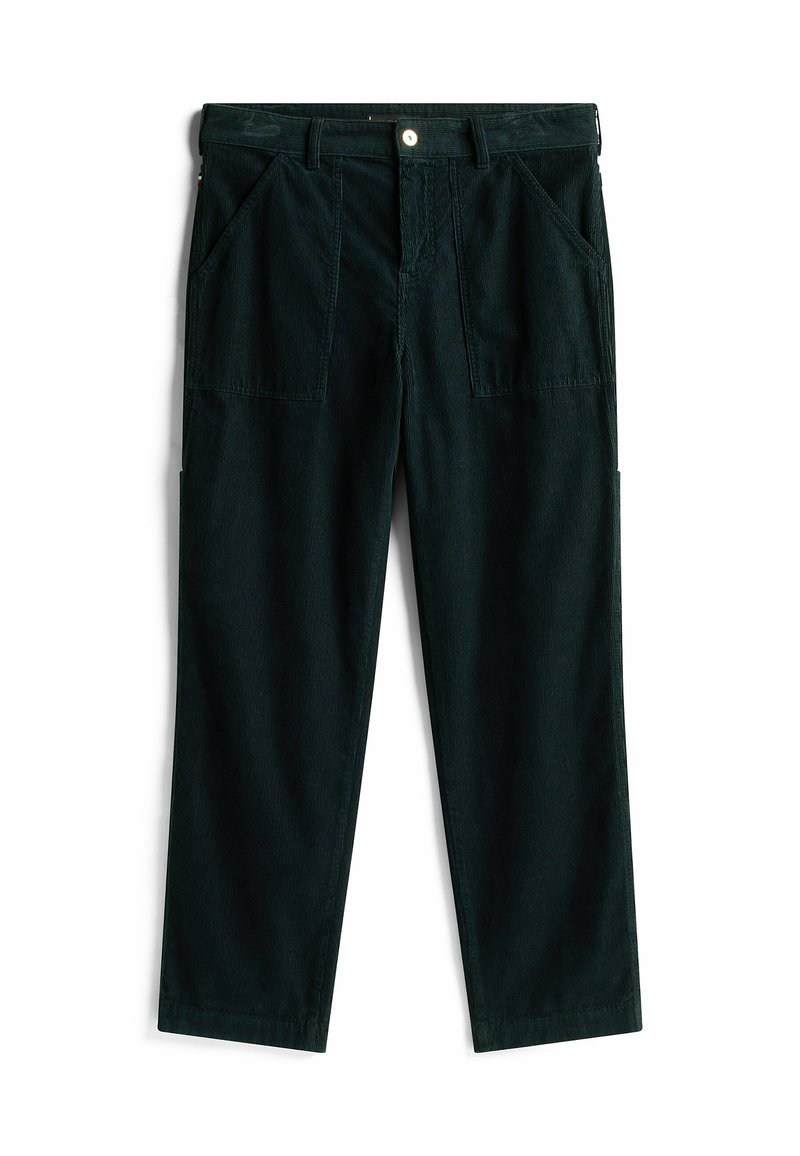 Dark green corduroy pants feature a straight-leg design, front pockets, and a button closure with belt loops. Smooth texture with vertical lines.