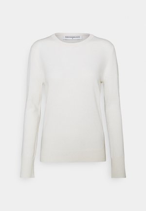 Jersey de cachemira blanco de manga larga con cuello redondo, talla pequeña, con puños y dobladillo acanalados, mostrado sobre un fondo liso.