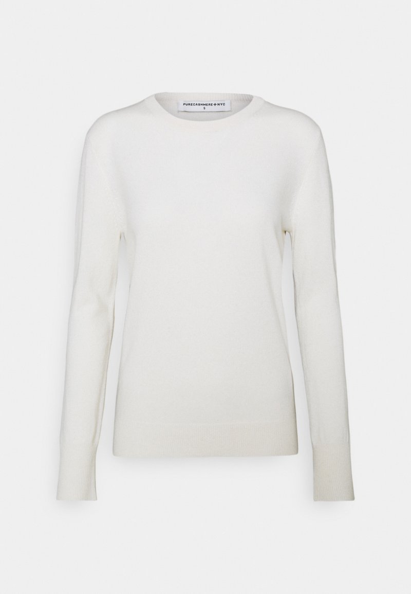 Pull en cachemire blanc à manches longues et col rond, taille small, avec poignets et bas côtelés, présenté sur un fond uni.