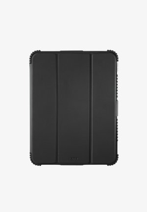 Schwarze schützende Tablet-Hülle mit strukturierten Oberflächen und verstärkten Ecken, die so konzipiert ist, dass sie sich zur Abdeckung des Bildschirms und als Stütze falten lässt.