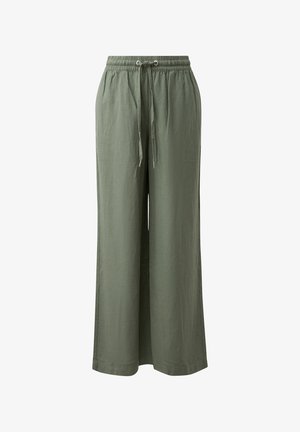 Olivgrüne, weit geschnittene Hose mit elastischem Bund und Kordelzugverschluss, aus leichtem Stoff gefertigt.