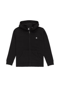 Sudadera negra con cremallera frontal, dos bolsillos laterales y capucha con cordón. Presenta un pequeño logo en el área del pecho izquierdo. Tejido suave.