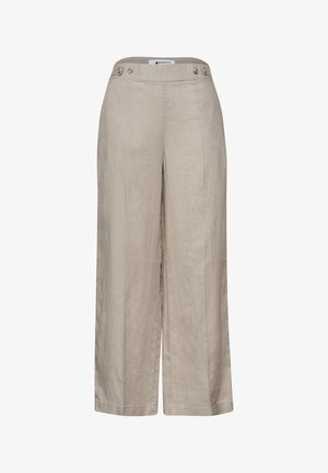 Beżowe lniane spodnie o szerokich nogawkach z detalami przy guziczkach na pasku, które mają średni stan i skróconą długość.