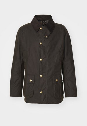 Brown waxed jacket with a corduroy collar, gold buttons, two front pockets, and a relaxed fit. Smooth texture with a slightly shiny finish.