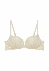 Spets-bh i ljusbeige, med vadderade kupor, justerbara axelband, en central utskärning och blommönster över bandet och kuporna.
