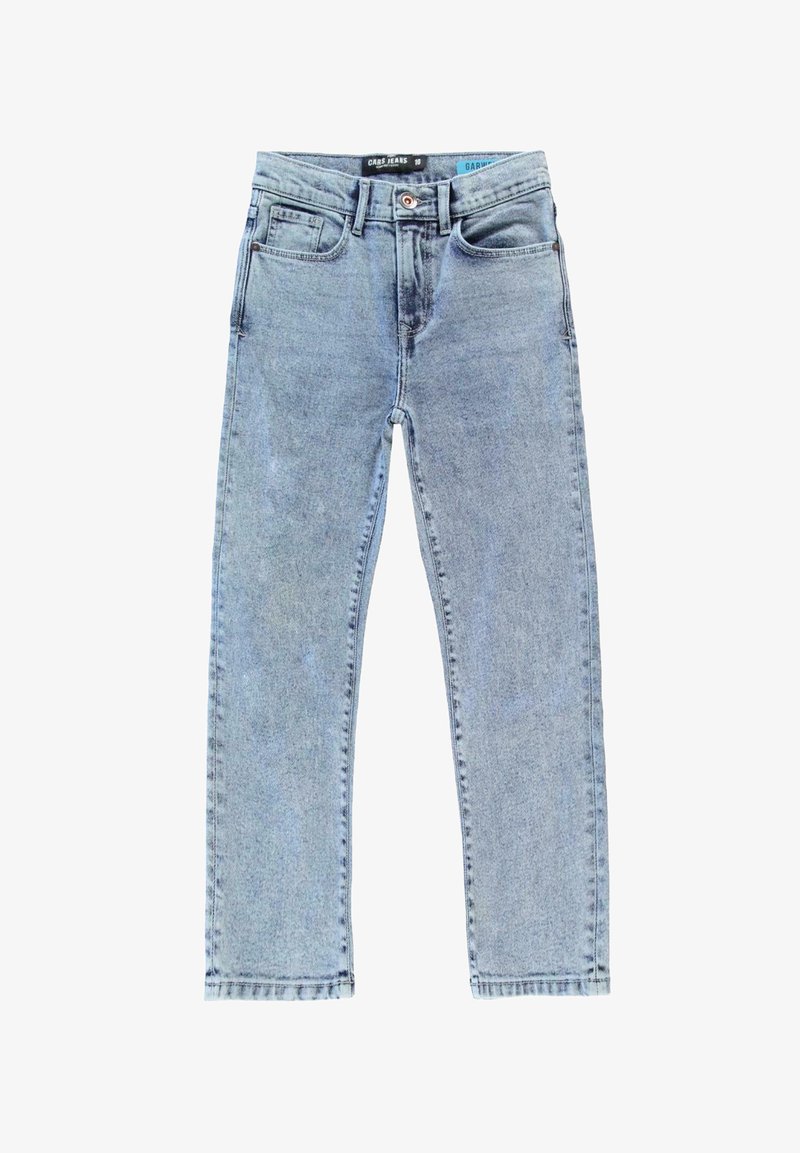 Lichtblauwe denim jeans met een rechte pasvorm, vijf zakken, een knoopsluiting en subtiele vervaging. Afgewerkte zomen en contrasterende stikdetails.