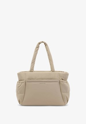 Beige totebag met geribbelde stoffen handvatten en zijkanten, een glad voorvak en het "KAPTEN & SON"-logo gecentreerd op het voorvak.